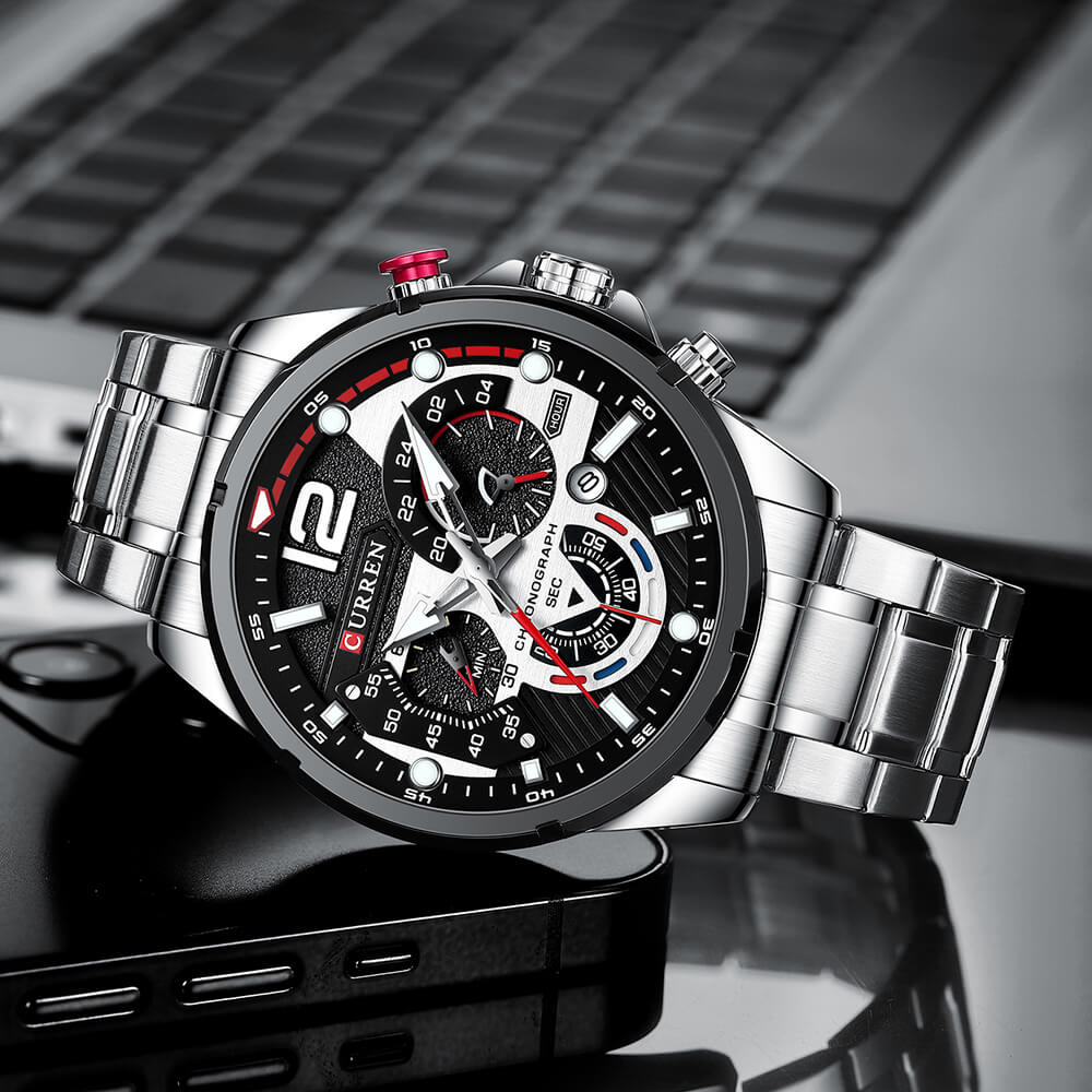 Men's Curren 8395 stainless steel watch with silver and black dial, featuring a sleek design and modern style.