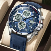 POEDAGAR E108 Men's Dual Display Leather Strap Watch
