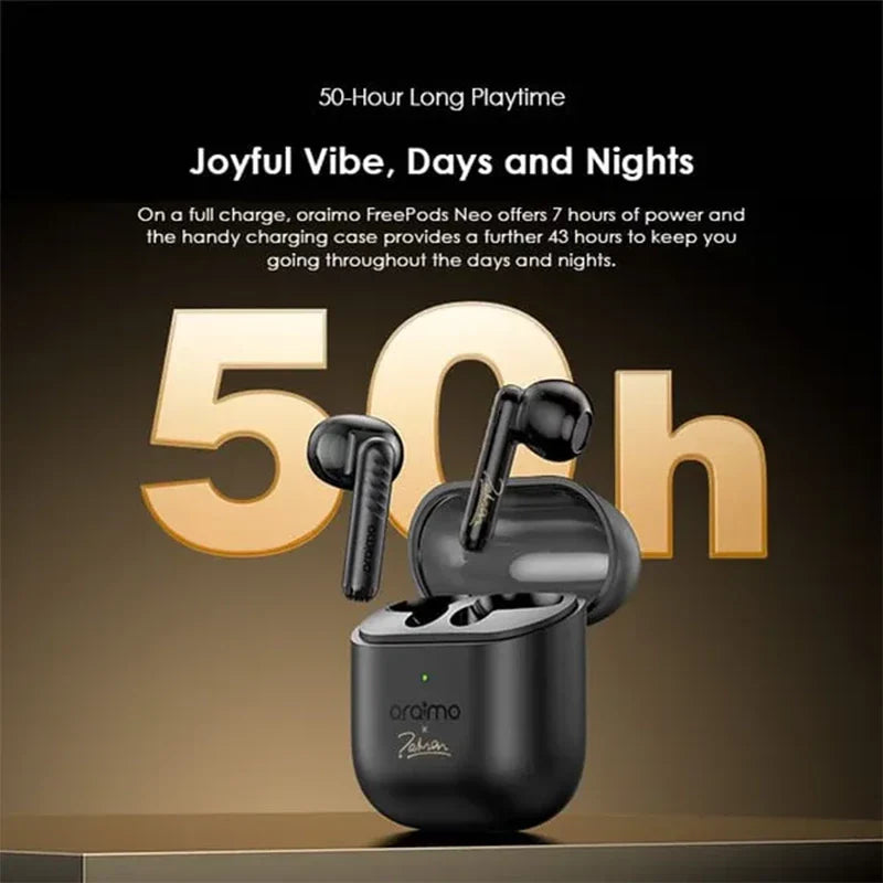 Oraimo FreePods Neo x Tahsan true wireless earbuds with sleek air design and charging case, black color, in a close-up view.