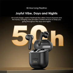 Oraimo FreePods Neo x Tahsan true wireless earbuds with sleek air design and charging case, black color, in a close-up view.