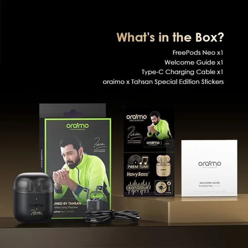 Oraimo FreePods Neo X Tahsan true wireless earbuds with sleek design, compact charging case, and in-ear fit for immersive sound.