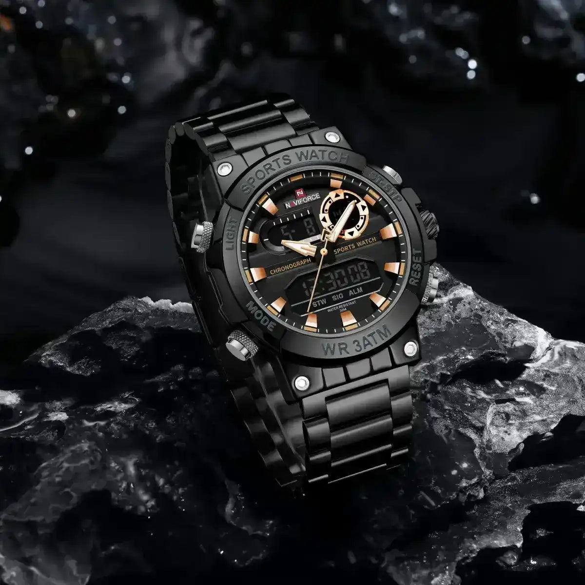 Naviforce NF9237 men's luxury stainless steel digital watch with multi-function display, black dial, and silver band.