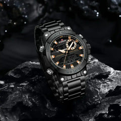Naviforce NF9237 men's luxury stainless steel digital watch with multi-function display, black dial, and silver band.