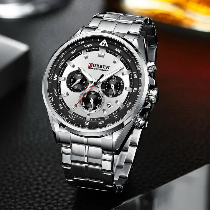 Men's stainless steel watch by Curren, model 8399, featuring a sleek black dial and silver-tone case.
