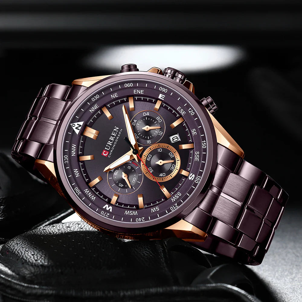 Curren 8399 men's stainless steel watch with round dial and metal bracelet, showing time and date on a sleek silver design.