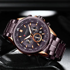 Curren 8399 men's stainless steel watch with round dial and metal bracelet, showing time and date on a sleek silver design.