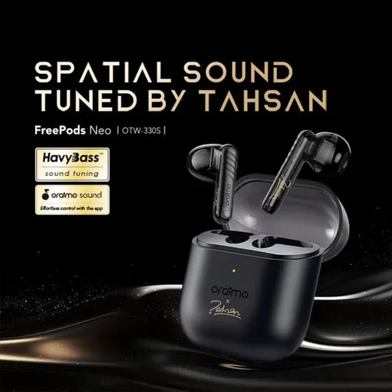 Oraimo FreePods Neo X Tahsan true wireless earbuds with sleek white design and compact charging case.
