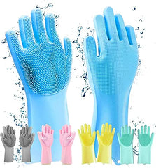 Pair of Tarjah Mart silicone scrubber dishwashing gloves for kitchen cleaning, showing textured surfaces and flexible design.