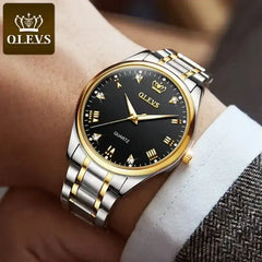 OLEVS 5563 men's black watch with a round dial and metal strap, stylish and elegant accessory for men.