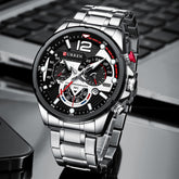 Men's stainless steel watch by Curren, silver and black dial with a sleek, modern design.