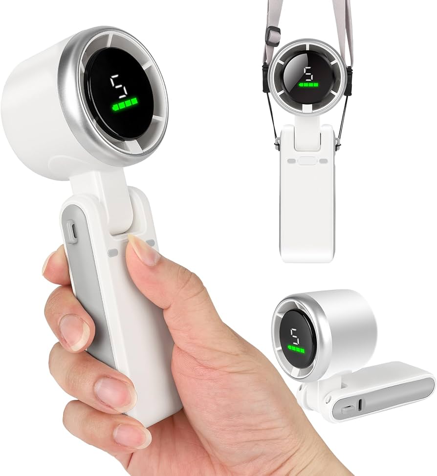 Tarjah Mart portable turbo fan with digital display, foldable design, USB-C rechargeable, compact fan for cooling and convenience.