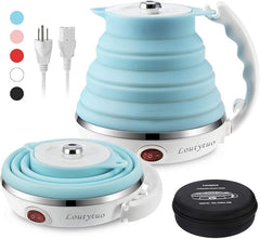 Electric folding kettle by Tarjah Mart with a compact design, featuring a foldable handle and transparent water level indicator.