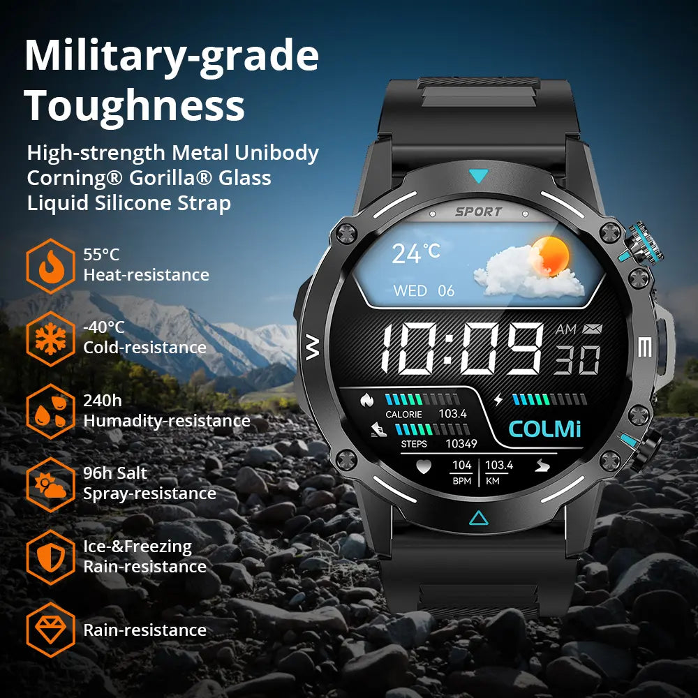 Colmi M42 Smartwatch with 1.43-inch AMOLED display, black band, showing time and fitness tracking features.