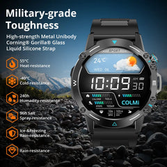 Colmi M42 Smartwatch with 1.43-inch AMOLED display, black band, showing time and fitness tracking features.