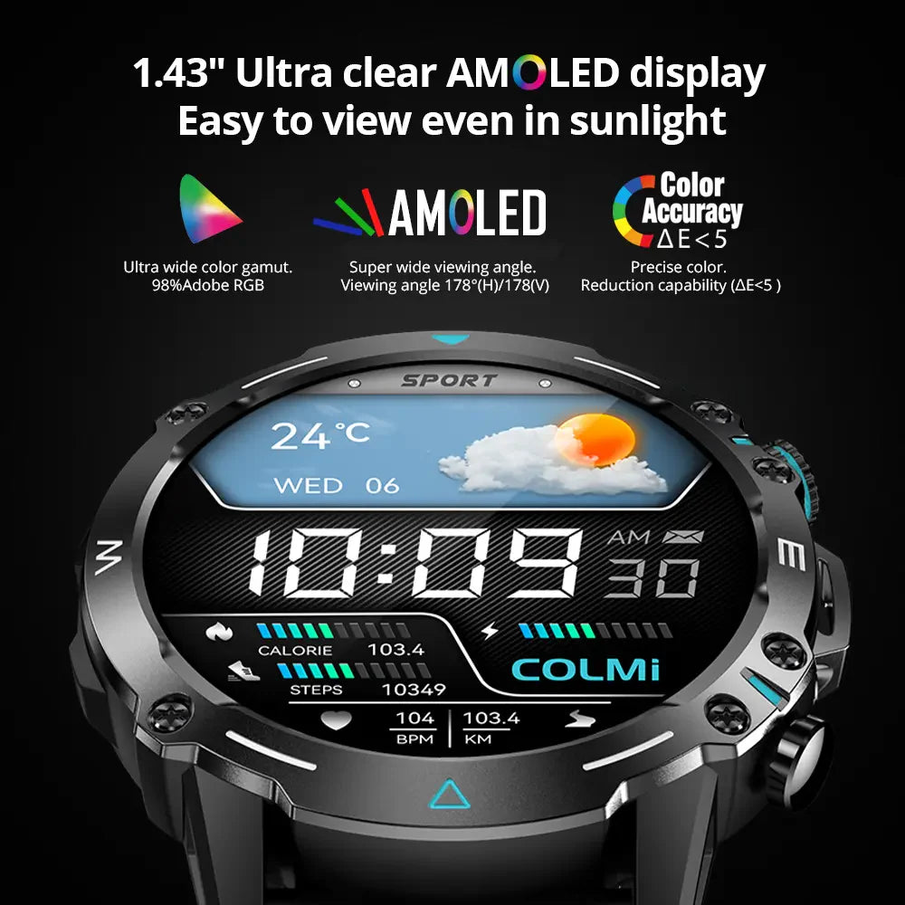 Colmi M42 smartwatch with 1.43-inch AMOLED display showing time, fitness tracking icons, and sleek black band.