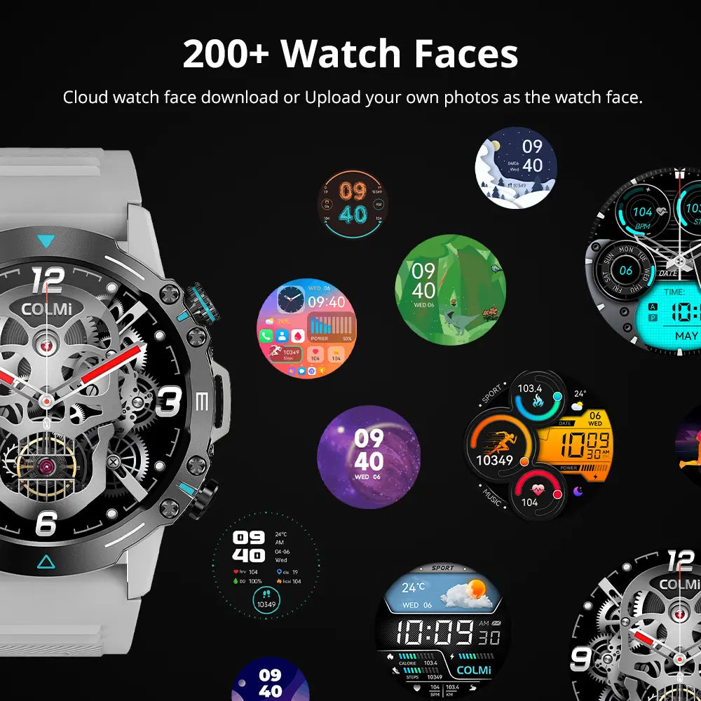Colmi M42 smart watch with 1.43-inch AMOLED display showing time, fitness tracking, and app icons on a sleek black band.