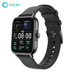 Colmi P28 Plus women's smartwatch with a sleek black band and digital display showing time and health tracking features.