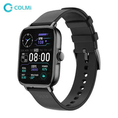 Colmi P28 Plus women's smartwatch with a sleek black band and digital display showing time and health tracking features.