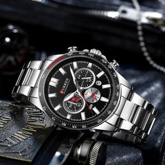 Curren 8418 men's chronograph watch with black dial, silver case, and leather strap showing detailed watch face and time display.