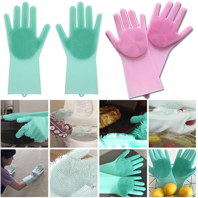 Pair of Tarjah Mart silicon dish scrubber gloves for kitchen dishwashing, flexible and durable for cleaning dishes and cookware.