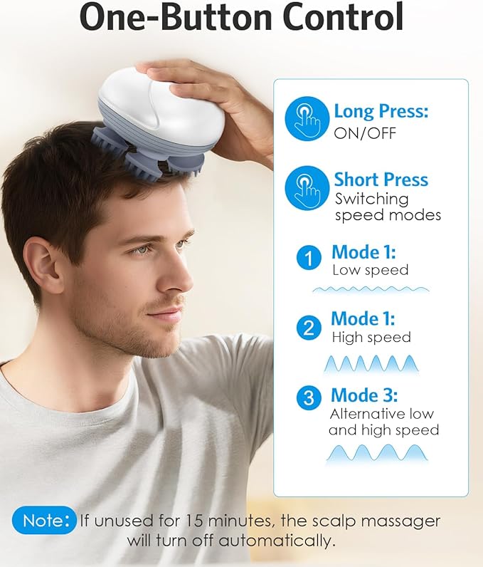 Tarjah Mart electric scalp massager model OSK-701 showing a handheld electronic device with massage rollers on a scalp.