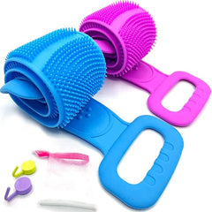 Silicone body scrubber from Tarjah Mart for deep cleaning and exfoliation, shown in a clean, modern bathroom setting.