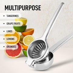 Stainless steel lemon squeezer manual hand press juicer for kitchen use, with a sturdy handle and durable construction.