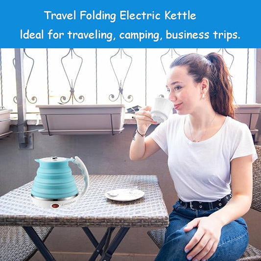 Electric folding kettle by Tarjah Mart, compact electronic kettle with foldable handle for easy storage and pouring.