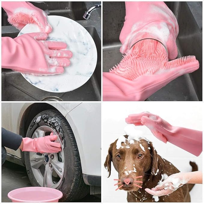Pair of Tarjah Mart silicon dish scrubber gloves for dishwashing, flexible and durable kitchen cleaning gloves.