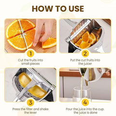 Manual fruit press juicer extractor from Tarjah Mart with a sturdy handle and metal pressing plate for fresh juice extraction.