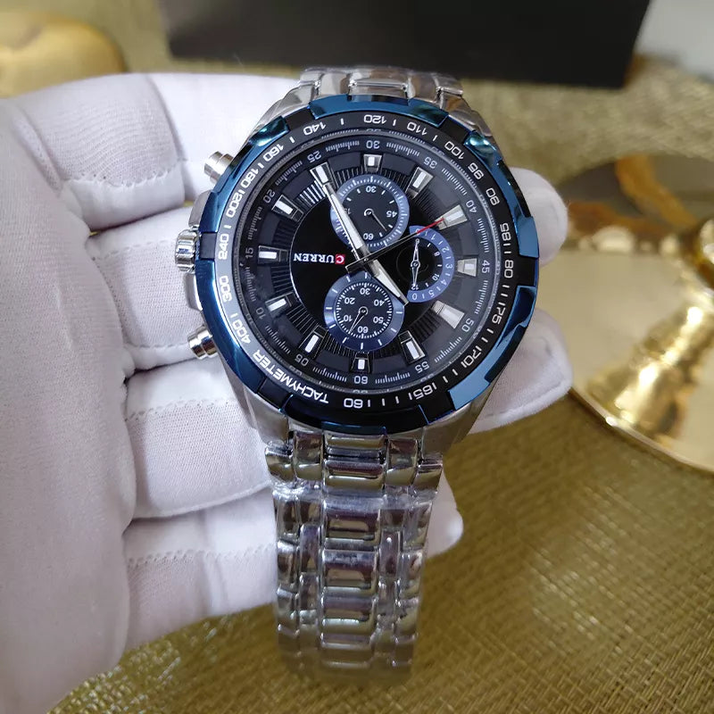 Silver Curren 8023 men's quartz watch with waterproof design and classic style, featuring a round dial and metal strap.