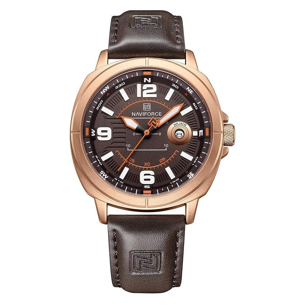 Naviforce NF8078 men's fashion quartz watch with black dial, silver stainless steel band, and analog display.