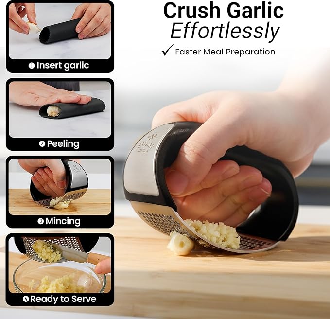 Stainless steel garlic crusher from Tarjah Mart, a kitchen tool with a compact design for easy garlic grinding and crushing.
