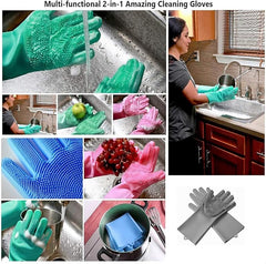 Pair of Tarjah Mart silicon scrubber dishwashing gloves for kitchen cleaning, blue and yellow, with textured surfaces for scrubbing.