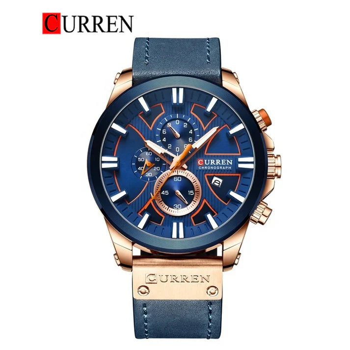 Curren men's leather strap watch featuring a sleek round dial and black leather band, stylish and durable men's wristwatch.