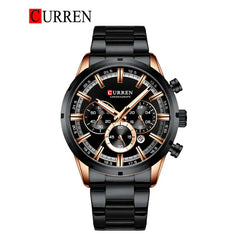 Curren 8355 men's stainless steel watch showing a round dial with silver-tone finish and black leather strap.