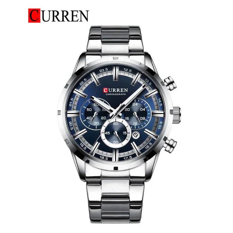 Men's Curren 8355 stainless steel watch with black dial and silver band, showcasing a sleek and modern timepiece design.