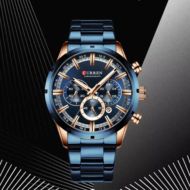 Men's stainless steel Curren 8355 watch with round dial, silver-tone band, and black face featuring chronograph subdials.