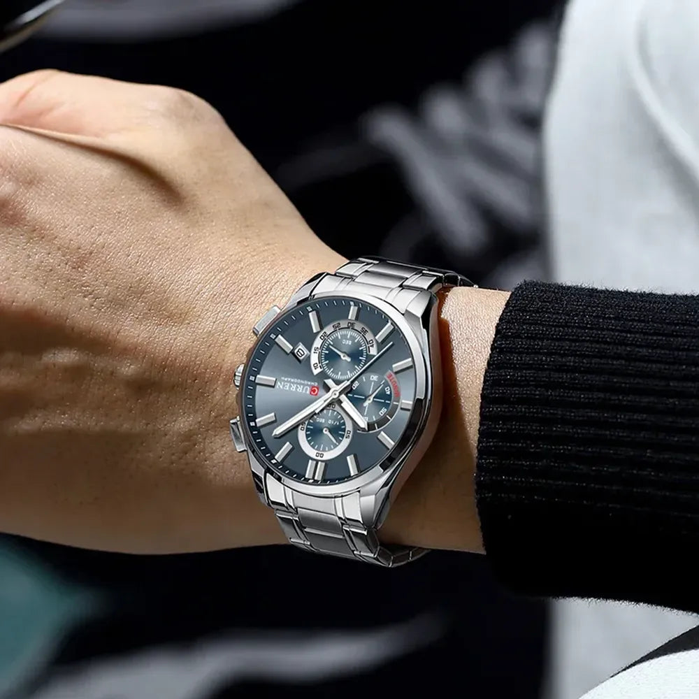 Blue Curren 8475 men's chronograph watch with stainless steel band and multiple dials, showcasing a sleek men's wristwatch design.
