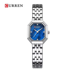 Curren 9108 women's stainless steel square watch with a silver and blue dial, featuring a sleek fashion design.