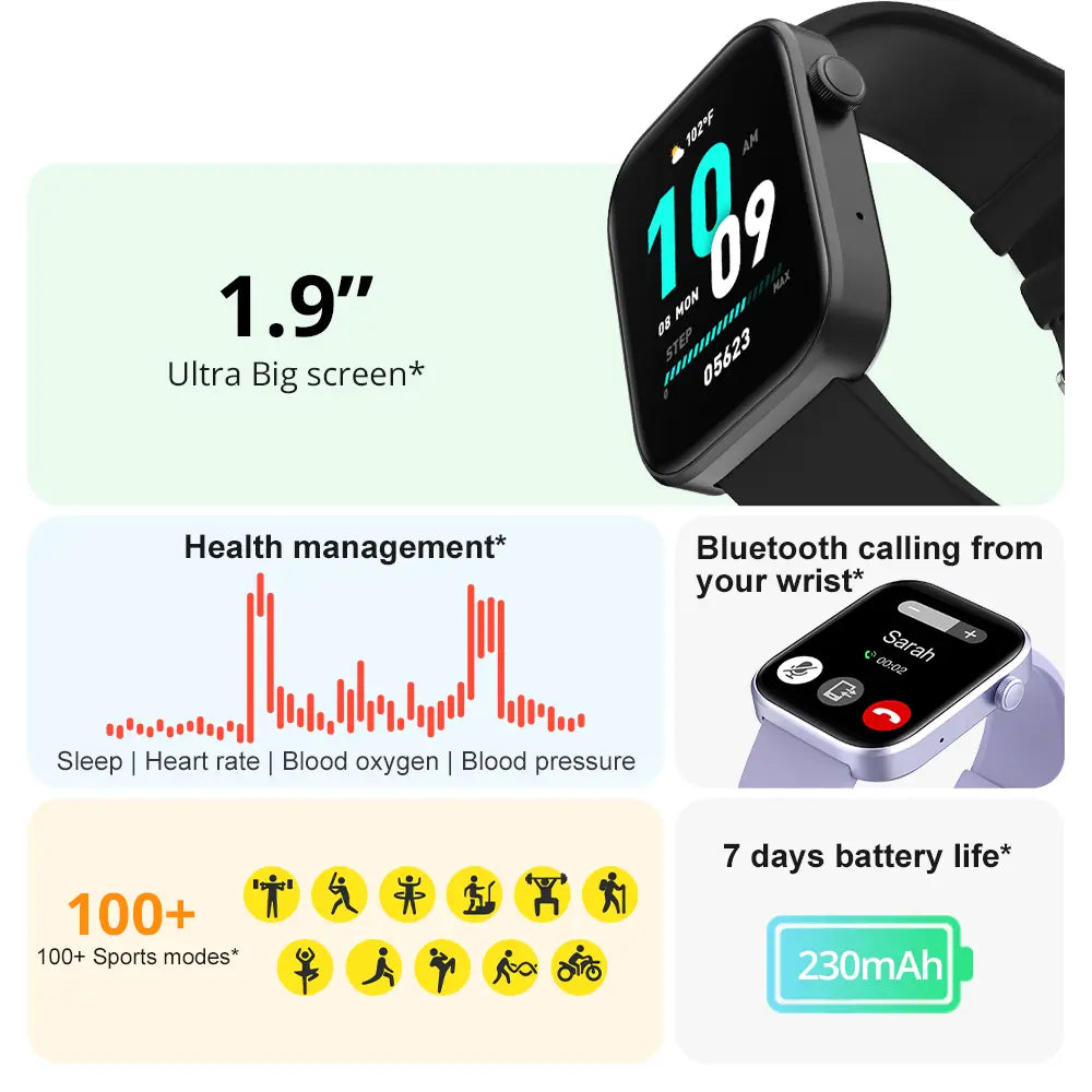 Colmi P71 Smart Watch with black strap and digital display showing time and health icons, on a white background.