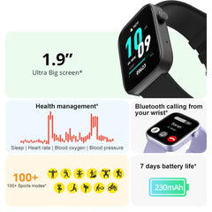Colmi P71 Smart Watch with black strap and digital display showing time and health icons, on a white background.