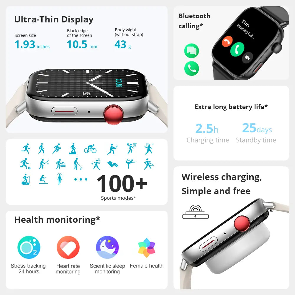 Colmi C8 Max smart watch with 1.93-inch touch screen display, black band, showcasing the sleek design and large screen interface.