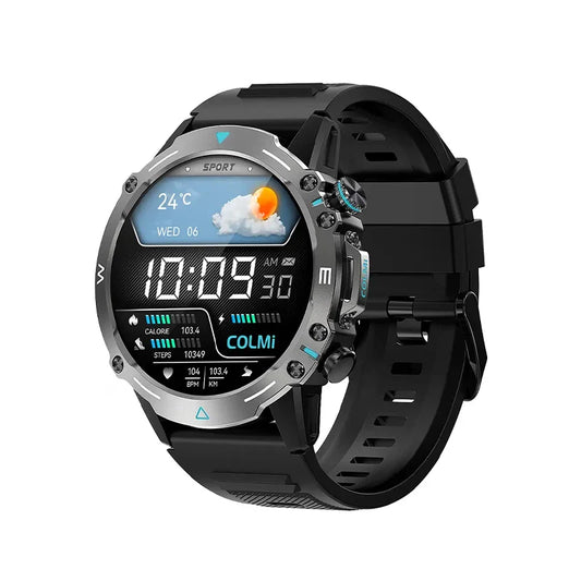 Black COLMI M42 smartwatch with 1.43-inch AMOLED display showing time and health tracking features.