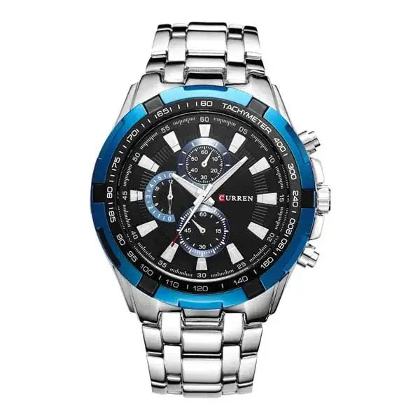 Curren 8023 men's quartz watch with a silver band and blue dial, showcasing a sleek, modern design for men's fashion accessories.
