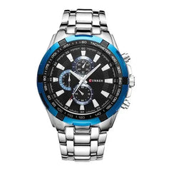 Curren 8023 men's quartz watch with a silver band and blue dial, showcasing a sleek, modern design for men's fashion accessories.
