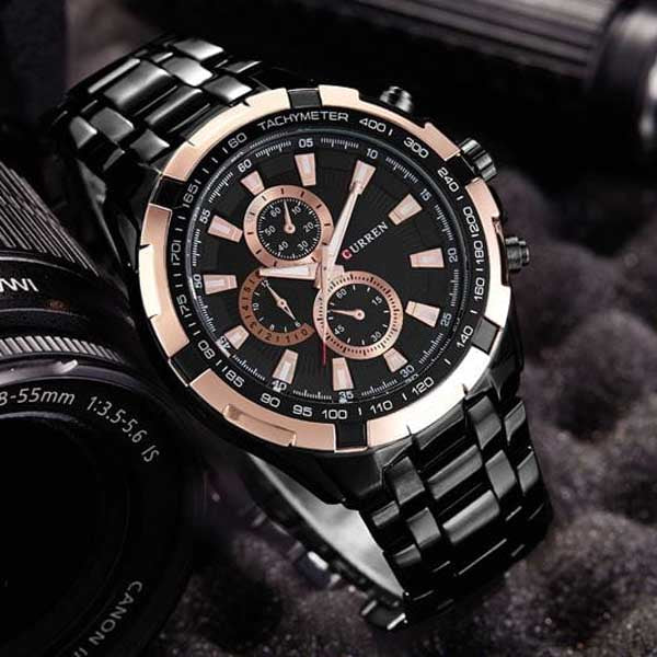 Men's CURREN 8023 quartz watch with black dial, stainless steel case, and water-resistant design, stylish and classic timepiece.