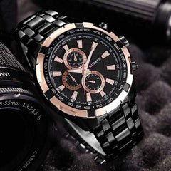 Men's CURREN 8023 quartz watch with black dial, stainless steel case, and water-resistant design, stylish and classic timepiece.