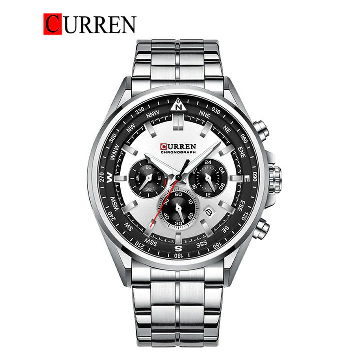 Men's Curren 8399 stainless steel watch with round dial and metal band, featuring a sleek and modern design.