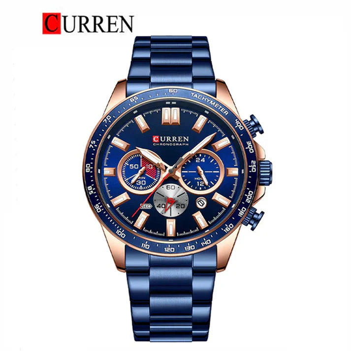 Men's Curren 8418 chronograph watch with black dial, silver case, and leather strap showing time and stopwatch features.